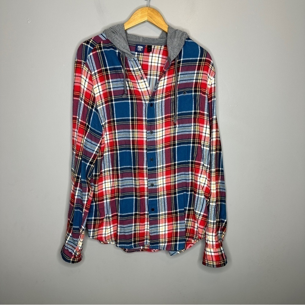 Route 66 plaid hooded flannel button front long sleeve shirt